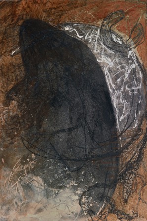 tűz mellett melegedő  magányos férfi 70x50 cm